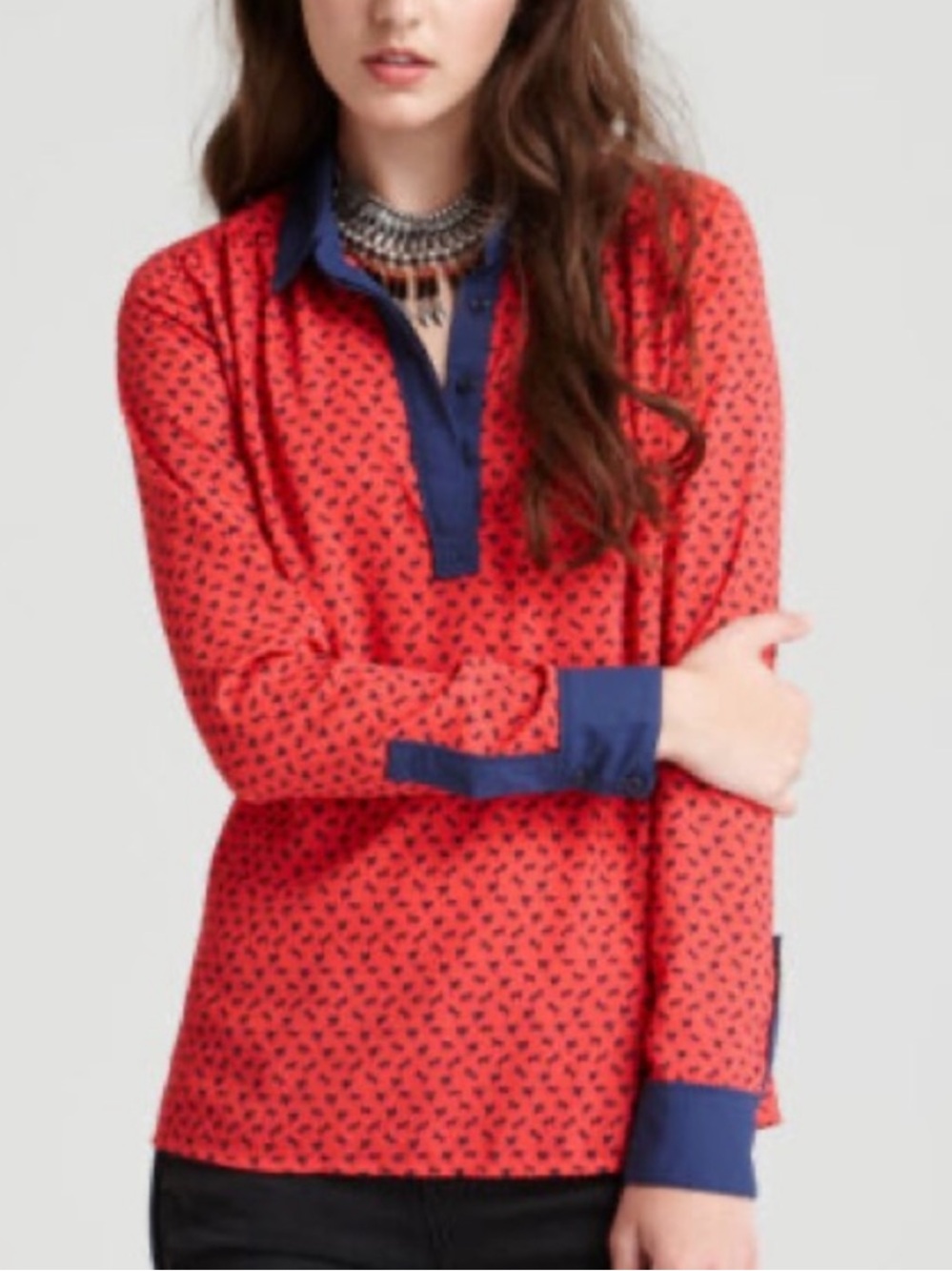 Free People Boyfriend Horse Print Blouse Size XS Red Blue Sheer Oversized Boho